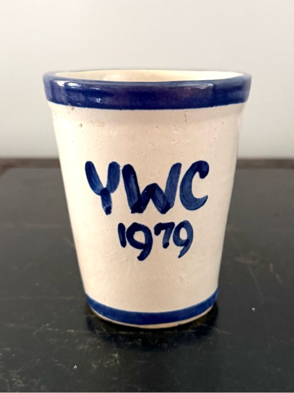 Louisville Stoneware USA Hand Painted Blue YWC Cup Vintage 1979